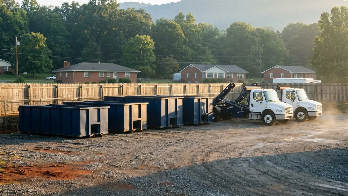 The Kings Crown Dumpster Rental team with a roll-off truck and container in Kingsport, TN
