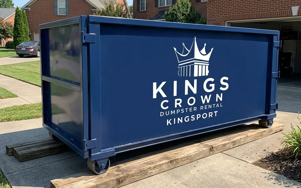 Kings Crown Dumpster Rental roll-off truck and blue container on a Kingsport, TN street